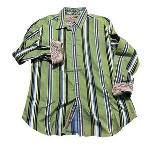 Robert Graham Multicolor Striped Men's Shirt Size Large Embroidered Cuff Collar